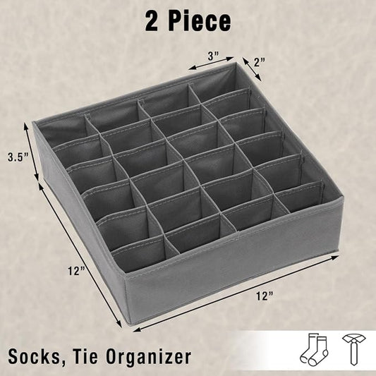 Simple Houseware 2 Pack Closet Sock Organizer, 24 Cell Drawer Divider, Dark Gray