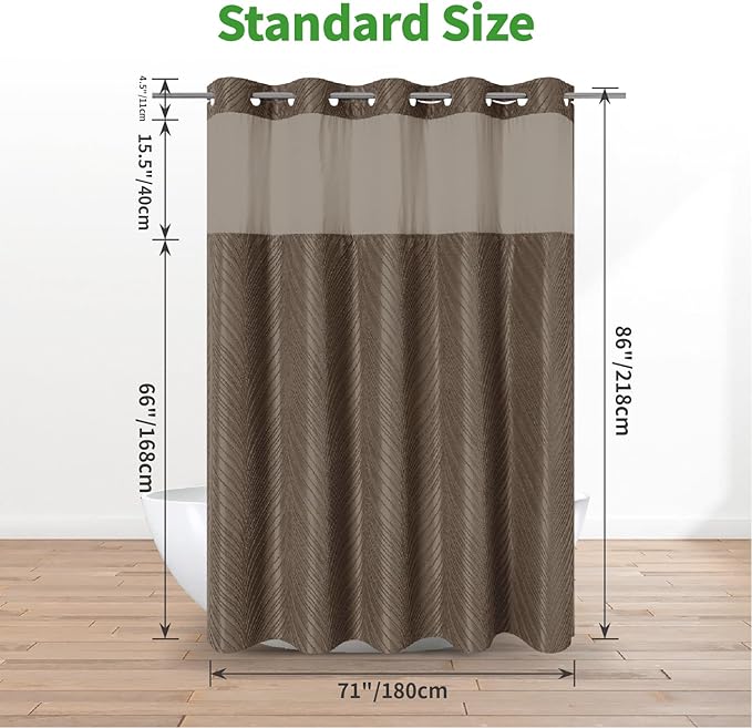 no Hook Shower Curtain and Liner Set,Boho Style with See Through Top Window, Brown Fabric Tufted Striped Textured Outer Curtain & Waterproof Inner Liner, Brown, 71Wx86H