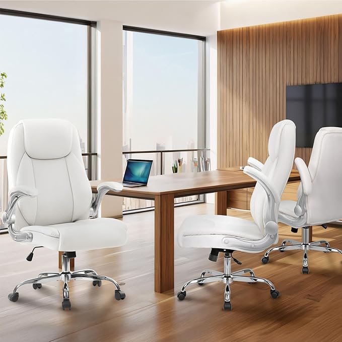NEO CHAIR Ergonomic Office Desk Gaming Computer Chair Executive High Back Support Flip-up Arms Adjustable Height Swivel Rolling Wheels Comfy PU Leather for Home (White)