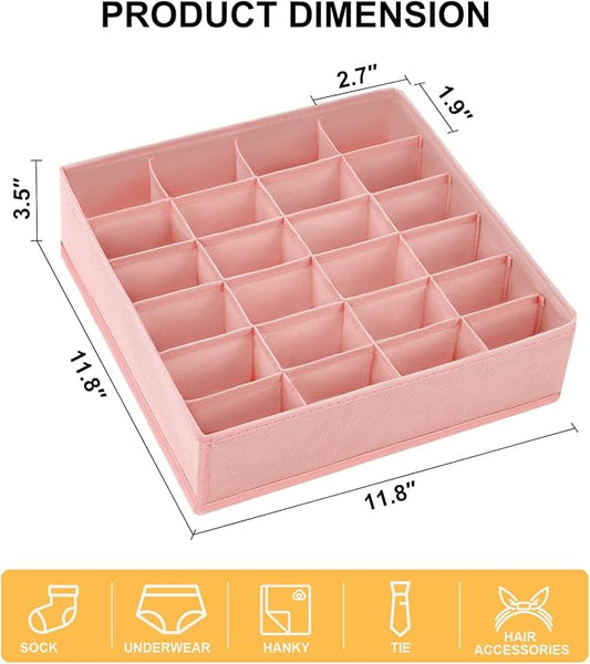 Sock Organizer 4 Pack - 24 Cell Foldable Underwear & Sock Storage, Drawer Organizer for Ties, Belts. (Pink)