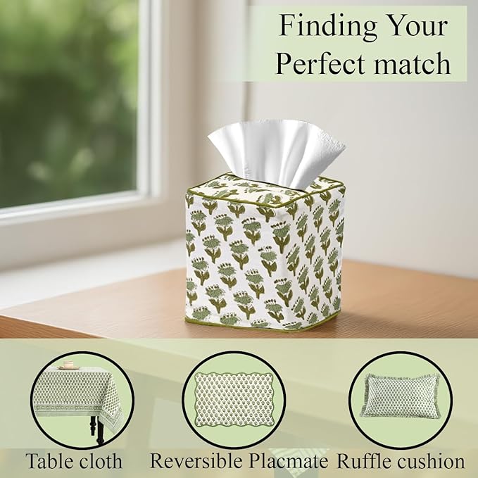 CPC Emerald Green Hand Block Printed Cotton Tissue Box Cover 5" x 5" x 5.5" Square Soft Reusable Boho Napkin Holder for Home Kitchen Dining Bathroom Office Cafe Spa Summer Thanksgiving