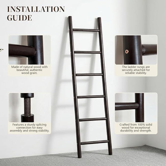 Wooden Blanket Ladder - 76in Natural Wood Color- Leaning Wall Decor for Bedroom, Bathroom, Living Room - Rustic Quilt Holder (Dark Walnut, 76in | Knock Down)