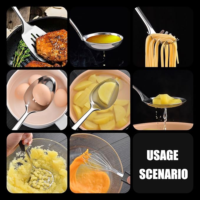 Stainless Steel Kitchen Utensil Set-8 PCS Stainless Steel Kitchen Utensil Set, Nonstick Kitchen Gadgets Cookware Set with Black PP Handle