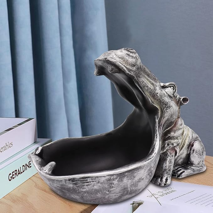 aboxoo Hippo Statue Home Resin Hippopotamus Figurine Fun Candy Dish,Key Bowl,Big Mouth Sculpture Table Art Decoration Sundries Container Storage Boxes (Grey)
