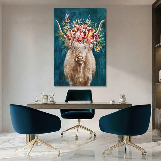 ZENPEE Highland Cow Canvas Wall Art with Pink and Blue Background, Farmhouse Wall Decor for Bedroom, Living Room, Office, Hallway, 24" x 36"
