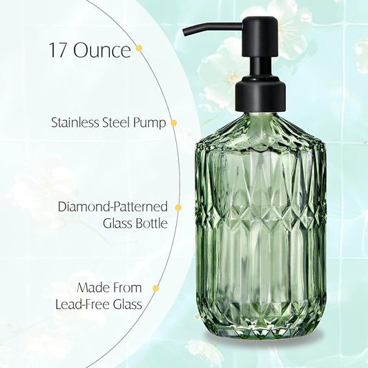 COHOSEGE 17 Oz Green Glass Kitchen Soap Dispenser for Dish Soap, 2 Pack Bathroom Soap Dispenser Set with Black Rust Proof Pump for Lotion, Hand soap or Body Wash