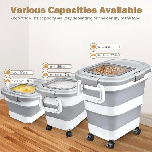 Komzon Rice Storage Container, Collapsible Airtight Food Storage Containers 6-20 Lbs, Rice Dispenser Bin with Cup and Scoop for Flour Cereal Pasta Grain, Cat Bird Pet Dog Food Storage Container