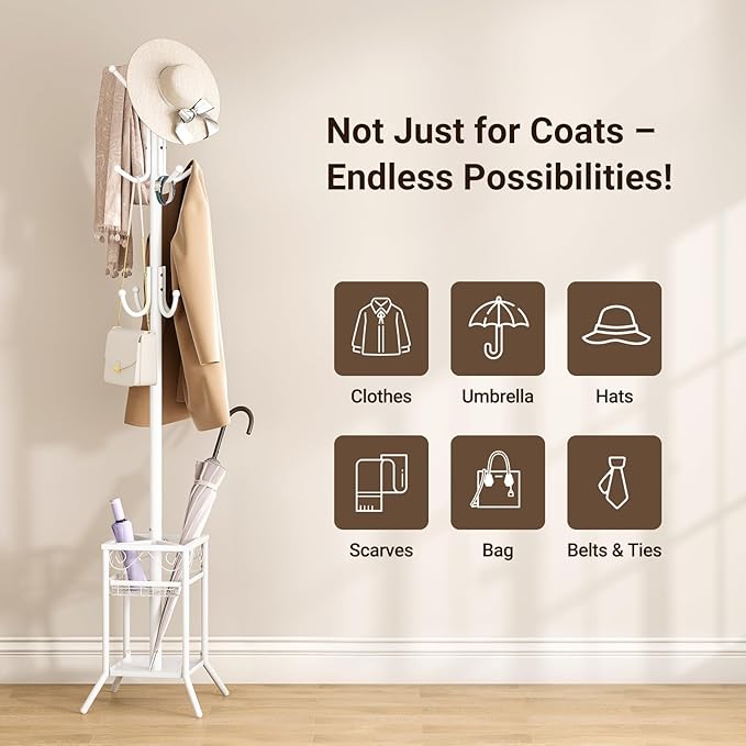 ELYKEN Coat Rack Freestanding with Umbrella Holder, Coat Tree with 12 Hooks, Coat Hanger Stand for Entryway, Metal Coat Rack Hat Rack Stand for Living Room Bedroom Office, White