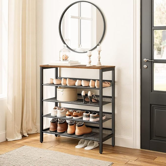 HOOBRO Shoe Rack, 5-Tier Shoe Storage Unit Flat & Slant Adjustable Shoe Organizer Shelf for 16 Pairs, Durable and Stable, for Entryway, Hallway, Closet, Dorm Room, Industrial, Rustic Brown BF01XJ01