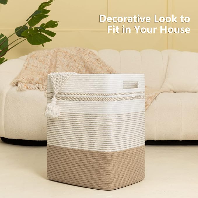 80L Large Cotton Rope Laundry Basket for Bedroom & Laundry Room, Tall Clothes Hamper with Sturdy Handles, Neutral Storage Bin Capable of Holding Blankets and Toys