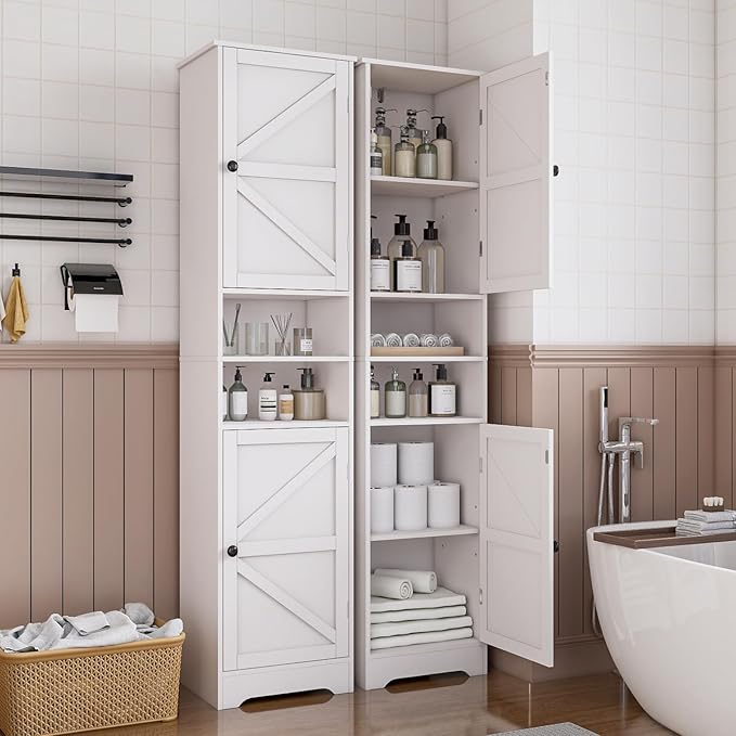 Tall Bathroom Storage Cabinet, Vertical Freestanding Organizer with Adjustable Shelf, Slim Design for Small Bathrooms, Towels & Toiletries Storage(White)