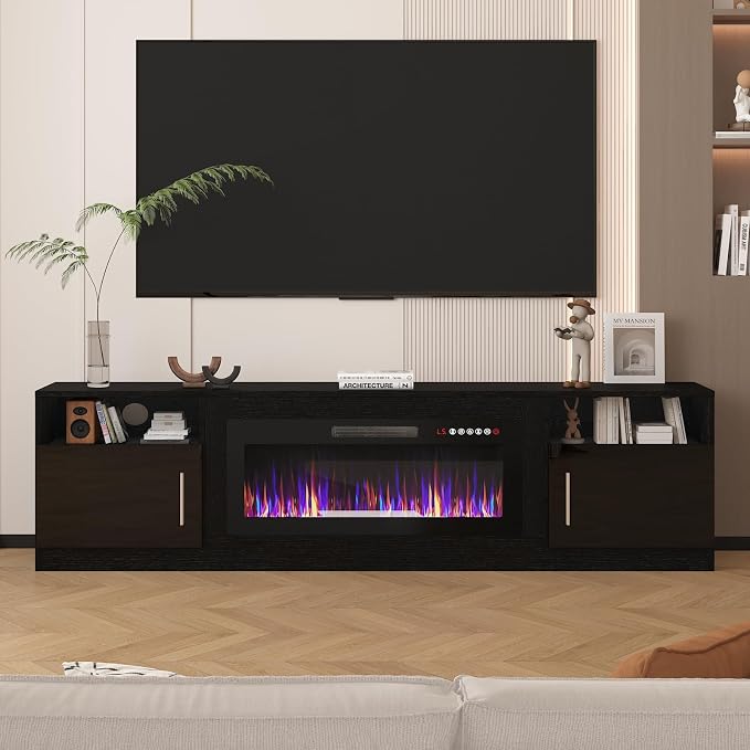 LEMBERI 80 Inch Fireplace TV Stand for TVs up to 90", 36" Electric Fireplace Entertainment Center with 20-Color LED, 300lbs Max Capacity Modern Wood Media Console Cabinet, Black