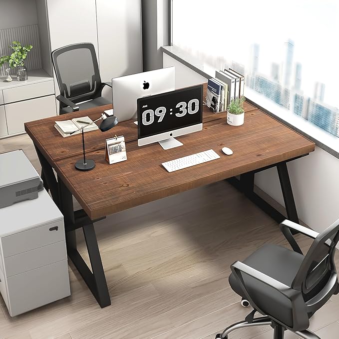 IBF Solid Real Wood Desk, Minimalist 47” Natural Wood Computer Desk, Rustic Desk for Home Office Writing Study, Vintage Industrial Wooden PC Gaming Workstation Computer Table, Brown, 47 Inch