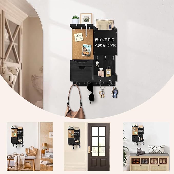 Key Holder Wall Mount, Mail Organizer Key Holder for Wall with Shelf, Drawer, Chalkboard, Corkboard, Home Decor Wall Mounted for Room Entryway (Black)