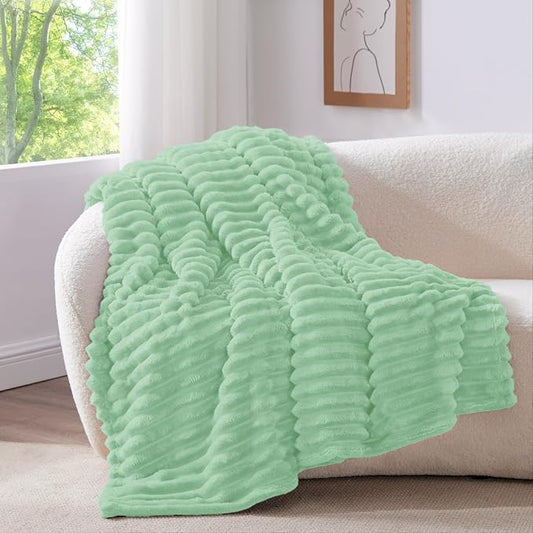 BEDELITE Fleece Throw Blanket for Couch - 300GSM Soft & Warm Fluffy Mint Green Blanket, Decorative and Giftable Striped Blankets for Women, Men, 50"x60"