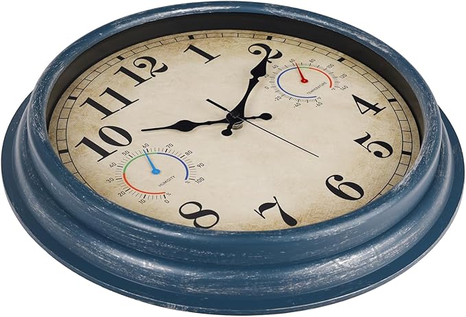 16 Inch Outdoor Clock with Thermometer and Hygrometer Combo, Waterproof Rustic Vintage Indoor Outdoor Large Wall Clocks for Patio, Pool, Garden, Living Room Decor- Blue