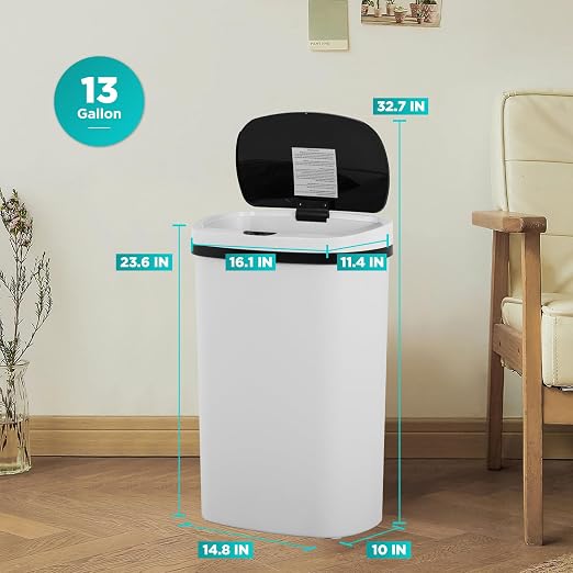 PayLessHere | 13 Gallon Plastic Trash Can | White | Automatic Touchless Lid with Motion Sensor | Kitchen Garbage Can with Waterproof Design | for Home, Office, Bathroom | Pack of 3