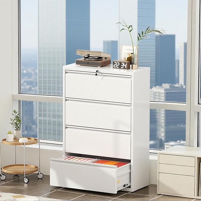 Superday Lateral File Cabinet 4 Drawer Metal File Cabinet with Lock, White Filing Cabinets for Home Office, Locking Filing Cabinets Hanging Files Letter/Legal/F4/A4