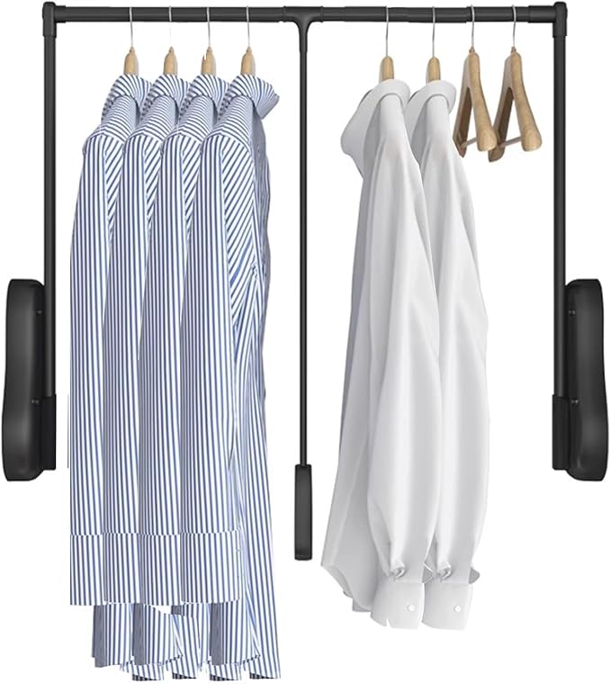 Pull Down Closet Rod for Hanging Clothes, Wardrobe Lift Rail Aluminum Alloy Organizer, Side Mounted Closet Rod for Kitchen Bedroom High Cabinets, 66 lbs Load Capacity (Black, 33.4"-45.3")