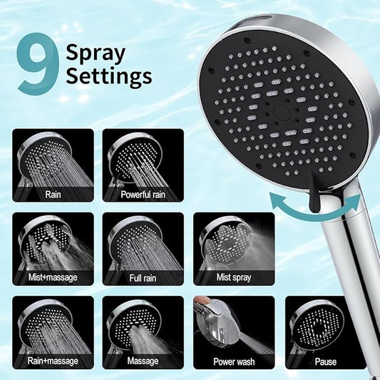 SR SUN RISE NSF Certified Filtered Shower Head with Handheld for Hard Water to Remove Chlorine High Pressure 9-Spray Setting (with Power Wash) Anti-Clog Nozzles (1 Filter, Chrome Silver)