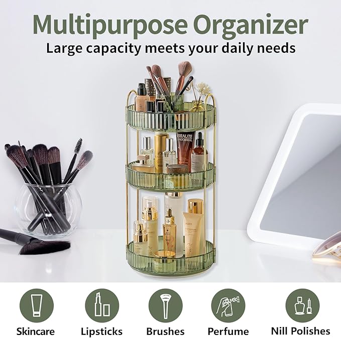 Asayuee 360 Rotating Makeup Organizer,3 Tier Large Capacity Make Up Organizers and Storage,Skincare Perfume Vanity Organizers,Bathroom Cosmetics Storage Organizer Countertop (Green)