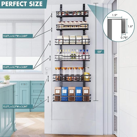 Eastherry Over The Door Pantry Organizer,6-Tier Over The Door Organizer with Adjustable Basket,Metal Hanging Pantry Organizers and Storage for Kitchen, Back of Door Seasoning Rack (Black)