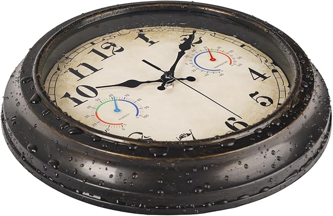 12 Inch Outdoor Clock with Thermometer and Hygrometer Combo, Waterproof Indoor Outdoor Wall Clocks for Patio, Pool,Garden Decor- Retro Bronze