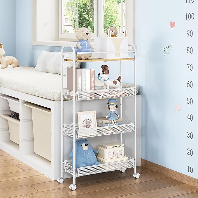 TOOLF 4-Tier Slim Rolling Cart, Metal Utility Cart, Slide Out Storage Cart with Wooden Tabletop and Mesh Baskets for Narrow Space on Kitchen Bathroom Laundry Room Bedroom Apartments Dormitory