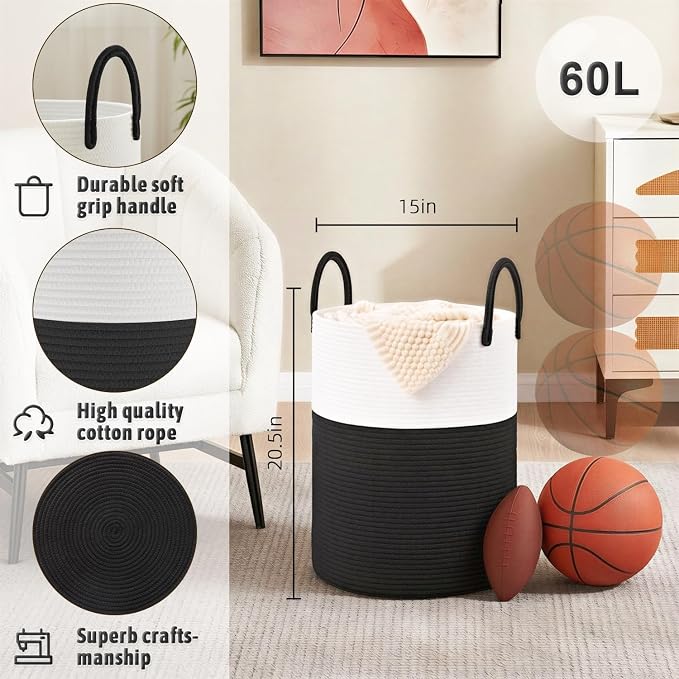 Artfeel Laundry Basket,Woven Cotton Rope Laundry Hamper,60L for Decorative Storage of Dirty Clothes,Toys and Blankets in Bathroom,Baby Room and Living Room