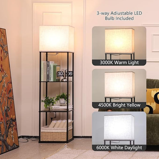 Gupuzm Floor Lamp with Shelves, Large Size Rectangle Standing Lamp with 3 Color Temperature Bulb, Corner Display Bookshelf Lamp for Living Room, Bedroom and Office (Black-9)