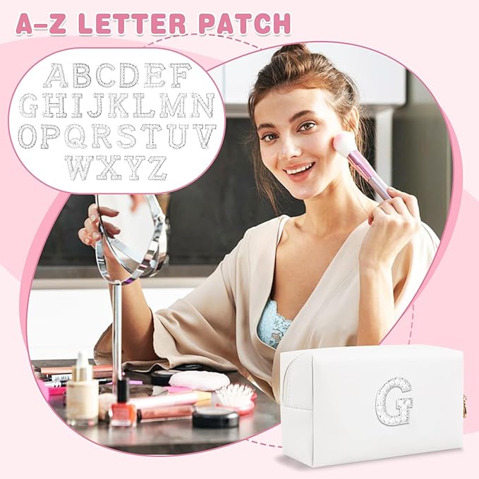 Bride Gifts – Personalized Initial Makeup Bag with Pearl Rhinestone Patch, Preppy White Monogram Cosmetic/Toiletry Pouch, bridesmaid Gifts, Bridal Shower Gifts, Wedding Gifts, Bridal Gifts,G