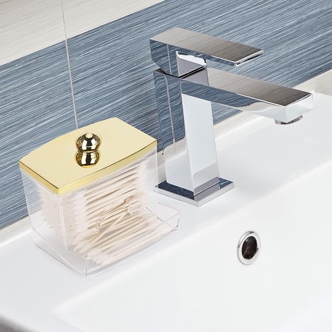 Tbestmax 10oz Qtip Holder Dispenser L Size Bathroom Container with Gold Lid for Bathroom Organizer Accessories Decor Storage-Qtips Cotton Ball Holder