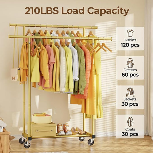 HYSEYY Double Rods Clothes Rack, Sturdy Rolling Clothing Rack, Portable Clothing Racks for Hanging Clothes - Metal Garment Rack Wardrobe Coat Rack for Bedroom Laundry Living Room, Gold