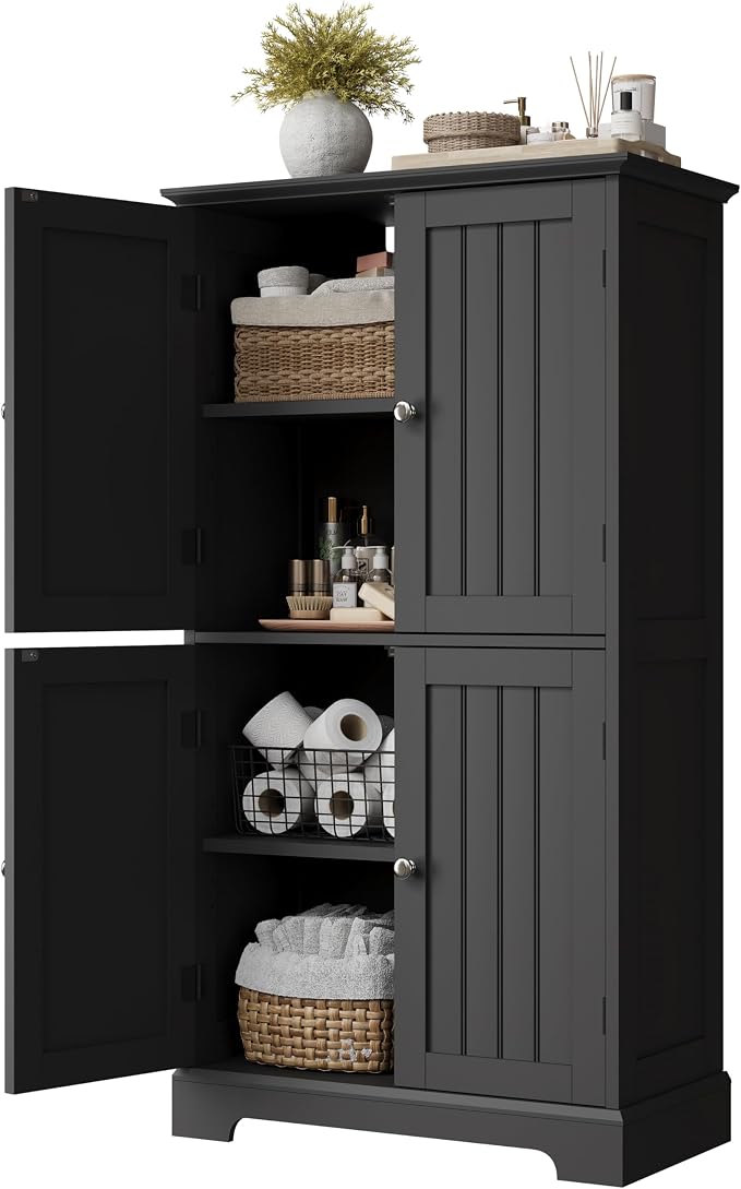 ChooChoo Bathroom Floor Cabinet, Modern Bathroom Storage Cabinet with 4 Doors and Adjustable Shelves, Freestanding Cupboard for Living Room, Kitchen Pantry, Black