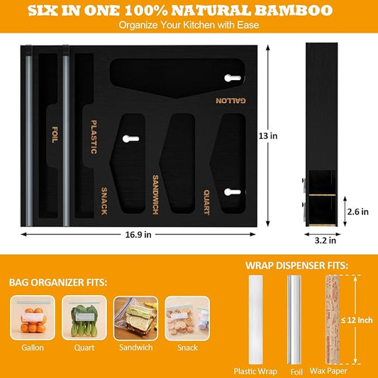 DALSHABET Bamboo Bag Organizer with Magnetic Closure, 6 In 1 Kitchen Drawer Foil and Plastic Wrap Dispenser with Cutter, Storage bag for Gallon, Quart, Sandwich, Snack Black