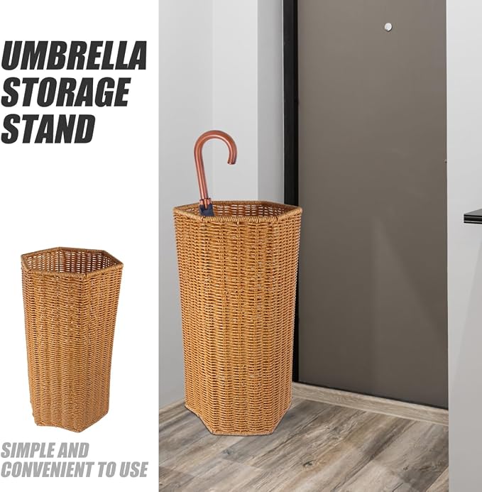 Artificial Rattan Umbrella Stand 15.55In Indoor Umbrella Storage Bucket with Drainage Tray for Entryway and Yoga Mat Organizer