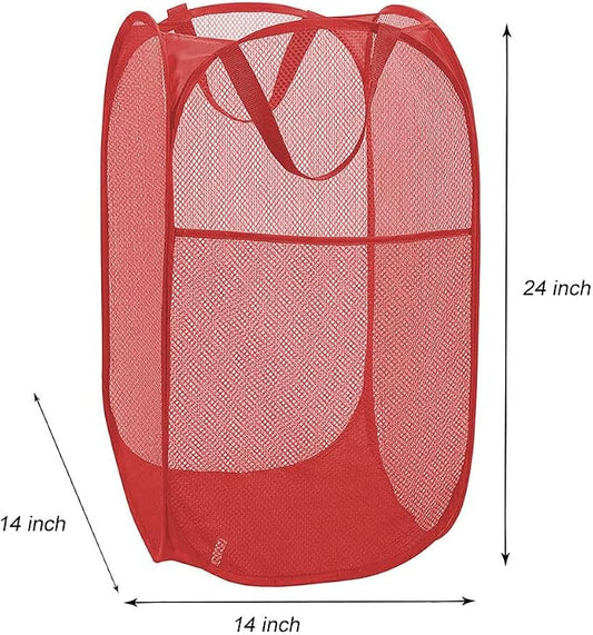 Larpur Popup Mesh Laundry Basket, Collapsible and Portable Clothes Washing Laundry Hamper with Reinforced Carry Handle (Red)