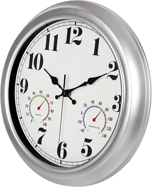 JENLYSTIME 13 Inch Outdoor Clock, Waterproof and Silent, with Thermometer and Hygrometer, Large Numbers for Easy Reading, Perfect for Home,Office,Bedroom,Kitchen,Porch,Garden,Pool(Silver)