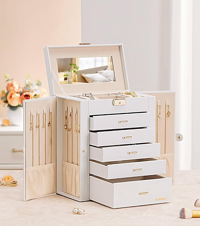 Homde Jewelry Box Large for Women: 6 Layers 5 Drawers Organizer with Mirror for Ring Earring Necklace - Storage Holder with Lock for Dresser (White) - Christmas Gifts
