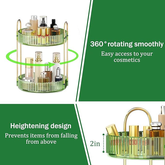 MOKANI 360 Rotating Makeup Organizer for Vanity, 2 Tier Adjustable Perfume Organizer for Dresser, Multi-Function Spinning Cosmetics Skincare Storage for Bedroom, Dresser, Countertop, Green