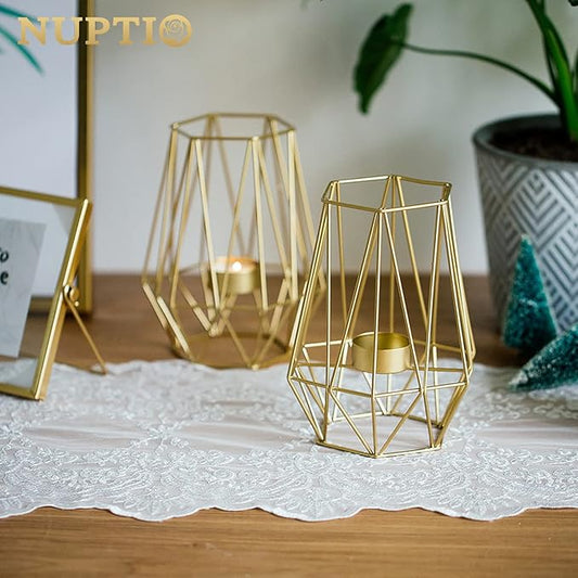 2 Pcs Metal Hexagon Shaped Geometric Design Tea Light Votive Candle Holders, Iron Hollow Tealight Candle Holders for Vintage Wedding Home Decoration, Gold (L + L)
