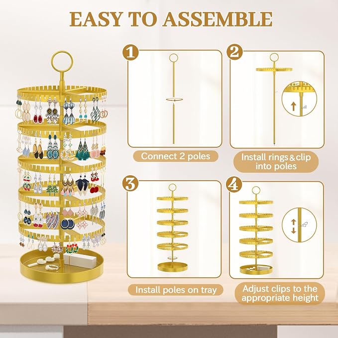 MODOWEY 5 Tier Rotating Earring Holder Organizer Display Tree with Metal Tray, Adjustable Plastic Stand with 285 Slots for Stud Hoop Hanger, Large Capacity Storage Rack for Women Space Saving, Gold