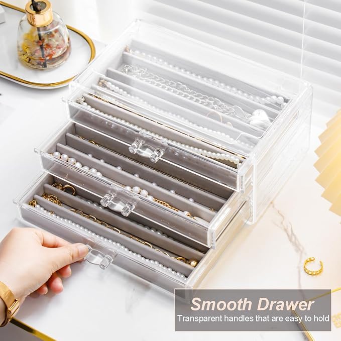 YUFONG Necklace Holder Organizer, Dustproof Necklace Box Velvet Necklace Organizer Box with Lid Clear Acrylic Dustproof Stackable Jewelry Displays for Necklaces Chain Display (Gray, 5 Drawer)