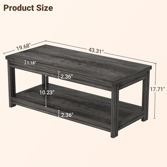 Homieasy 43.3” Rectangular Coffee Table with Storage Shelf, Farmhouse Wood Center Table for Living Room, Modern Black Tea Table with Open Shelf, Grey