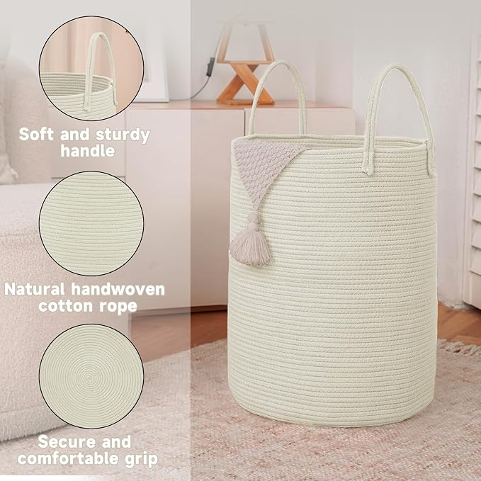 JMvicyroam Large Woven Laundry Basket Hamper,60L Cotton Rope Storage Bin for Blankets,Toys and Clothes,Decorative Tall Nursery Hamper for Living Room,Baby Nursery,Bathroom and Bedroom,White
