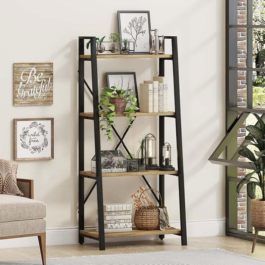 BON AUGURE Farmhouse Ladder Shelf Bookcase, 4 Tier Rustic Ladder Bookshelf, Standing Leaning Book Shelves for Living Room (Vintage Oak)