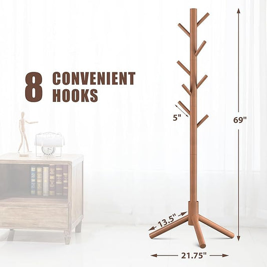 Haddockway Wooden Coat Rack Stand with 8 Hooks New Zealand Pine 3 Adjustable Coat Standing Tree Easy Assembly for Coats, Hats, Scarves and Handbags for Entryway, Hallway, Bedroom, Office,2 PCS