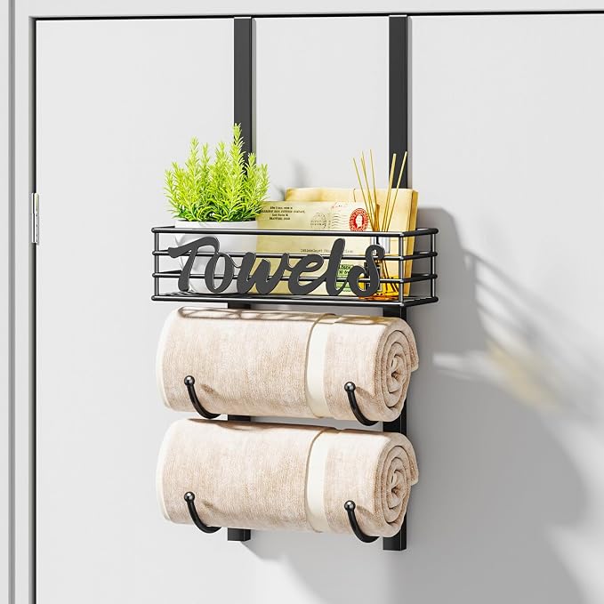 HapiRm Towel Racks for Bathroom Storage - 3 Tier Over The Door & Wall Mount Rolled Towel Storage Organizer Holder with Metal Shelf Basket for Small Bathroom, Camper, Rv - Black, Patented