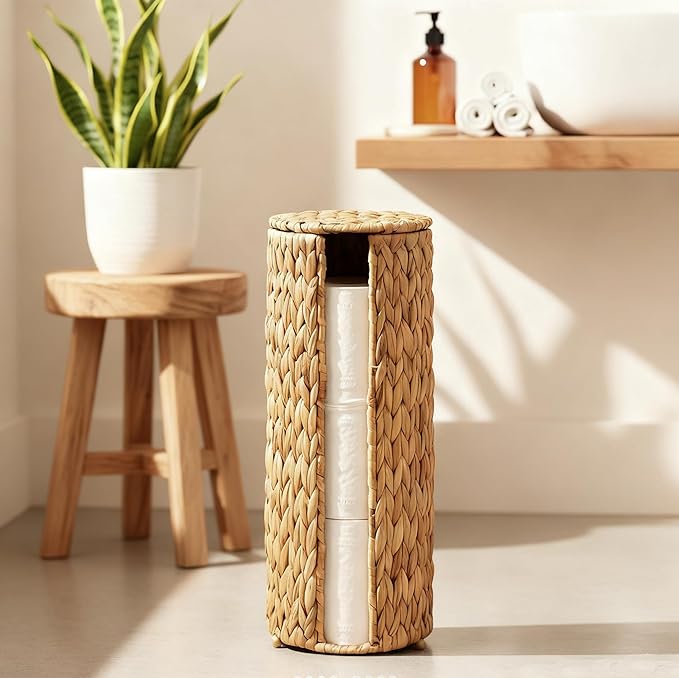 PINXIURY Water Hyacinth Paper Roll Holder, Wicker Toilet Paper Holder Stand for Bathroom, 3 Rolls of Toilet Paper Storage, Toilet Roll Holder Stand for Bathroom and Under Sink