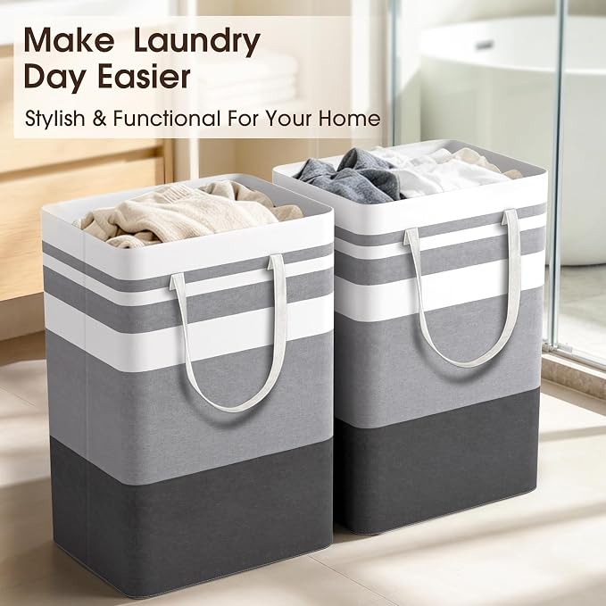 HomeHacks 2 Pack Large Laundry Baskets, Waterproof, Freestanding Laundry Hampers, Collapsible Clothes Hamper with Reinforced Handles in Laundry Room, College Dorm, Bathroom, Bedroom (Grey, 75Lx2)